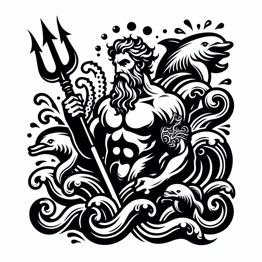DALL·E 2024 02 15 10.22.25 Create a detailed stencil design for a Poseidon tattoo. The design should feature Poseidon the Greek god of the sea wielding his trident with waves