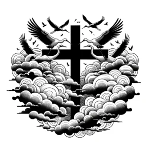 Cross surrounded by floating ukiyo-e style clouds and cranes