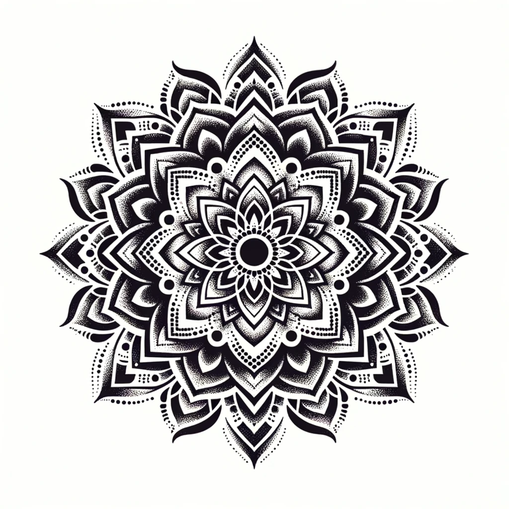 Dotwork tattoo stencil of a mandala with intricate patterns and symmetry
