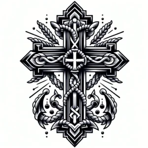 Traditional (old-school) style cross tattoo, featuring classic nautical elements