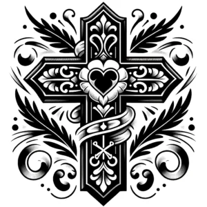 Traditional style cross tattoo, featuring a heart and scroll elements