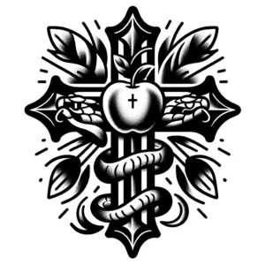 Traditional style cross tattoo, featuring a snake and apple motif