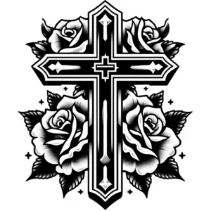 Traditional style cross tattoo, featuring roses and bold, black shading