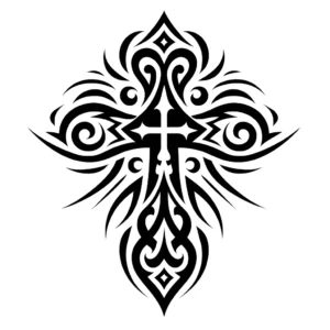 Tribal cross tattoo with curved lines and swirls