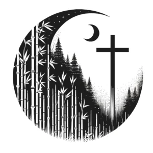 Bamboo forest background with a cross and moon