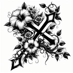 A surreal vine-cross tattoo with vibrant flowers