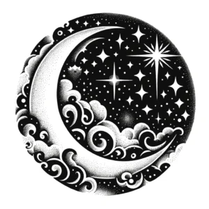 Dotwork tattoo stencil of a celestial scene with a crescent moon and stars, intricate and detailed