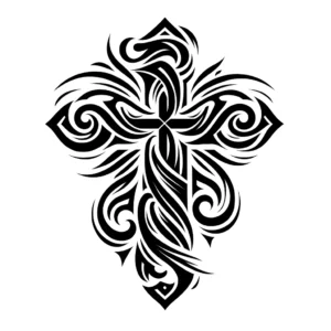 Flowing tribal cross tattoo with wave-like patterns