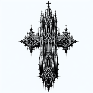 Gothic-inspired cathedral cross tattoo