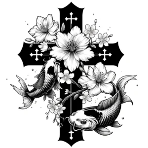 Japanese cross tattoo with cherry blossoms and koi fish