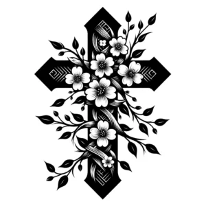 Japanese cross tattoo with cherry blossoms intertwined around the arms of the cross