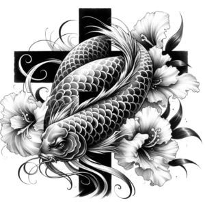 Koi fish wrapped around a cross tattoo in a flowing Japanese watercolor style