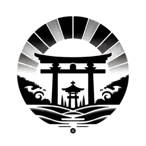 Rising sun backdrop with a shinto torii gate cross