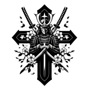 Samurai warrior cross with katana and sakura petals