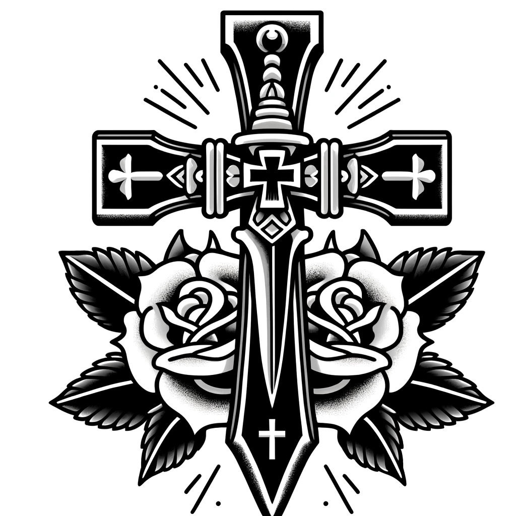 Traditional style cross tattoo, featuring a dagger and rose motif