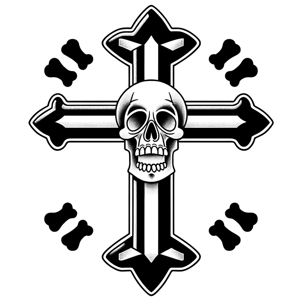 Traditional style cross tattoo, featuring a skull and crossbones