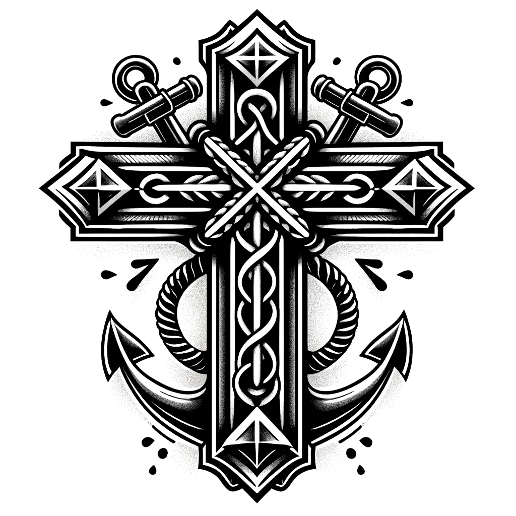 Traditional style cross tattoo, featuring anchor and rope motifs