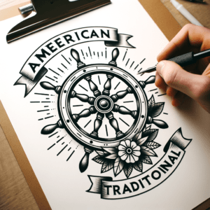 American Traditional Tattoo Of A Ship Wheel