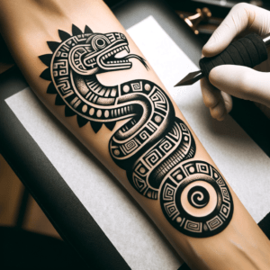 Aztec Tattoo Design Of A Stone Serpent