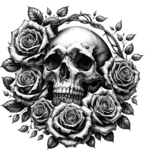 Black And Grey Skull Surrounded By Roses