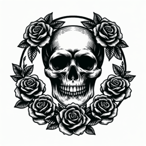 Black And Grey Skull Surrounded By Roses