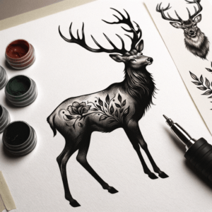 Black And Grey Tattoo Of A Deer
