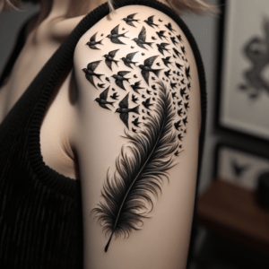 Blackwork Feather Turning Into Birds