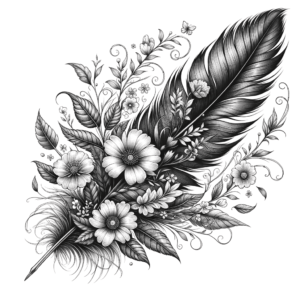 Botanical Feather With Flowers And Vines
