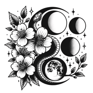 Cherry Blossom, Snake, And Moon Phases In A Patchwork Tattoo Design