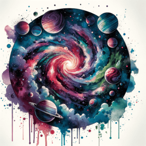 Colorful Galaxy With Planets In Watercolor