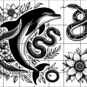 Dolphin, Snake, And Flower In A Patchwork Tattoo Style