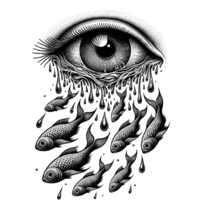 Eye With Tears Turning Into Fish In Surrealism Lines