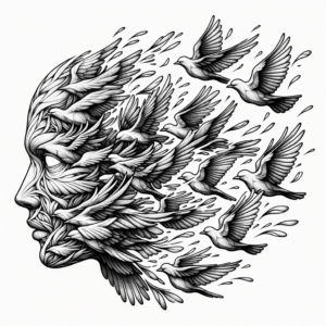 Face Splitting Into Birds Depicted In A Surrealism Tattoo
