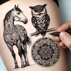 Horse, Mandala, And Owl In Patchwork Lines