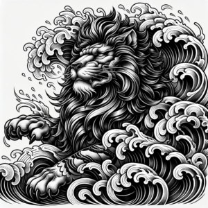 Japanese Lion With Waves