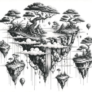 Landscape With Floating Islands Depicted In A Surrealism Tattoo