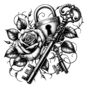 Lock And Key Intertwined With Roses In Fine Line