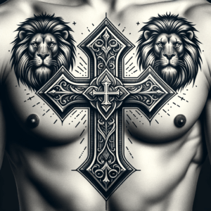 Masculine Cross Tattoo With Lions And Shields