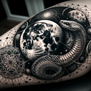 Moon, Snake, And Mandala In A Patchwork Tattoo Design