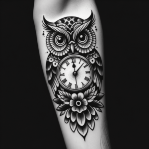 Neo-Traditional Owl With Clock
