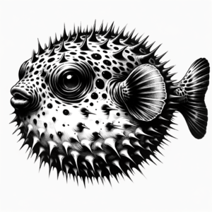 Pufferfish In A Trash Polka Tattoo Style