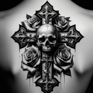 Realistic Cross With Skull And Roses