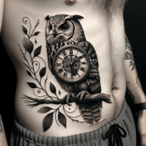 Realistic Owl With Clock Elements And Detailed Feathers