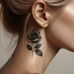 Realistic Rose With Leaves Behind The Ear