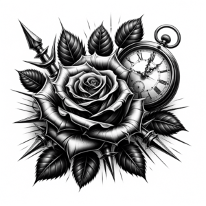 Rose And Clock In Black And Grey