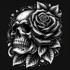 Rose And Skull In Black And Grey