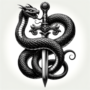 Serpent Coiled Around Sword In Traditional Style