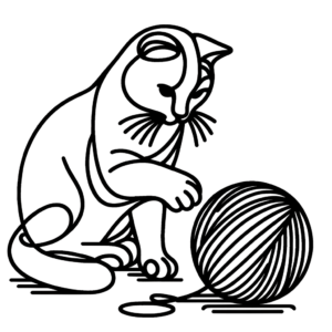 Single Continuous Line Cat With Ball Of Yarn