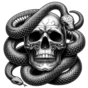 Snake Coiled Around A Skull In Black And Grey