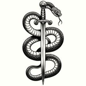 Snake Wrapped Around Sword In Traditional Style